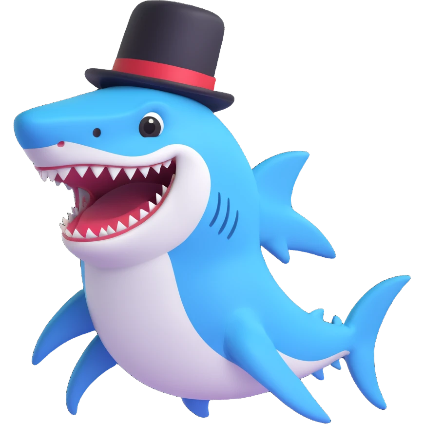 cartoon shark with a black top hat smiling simple background emoji