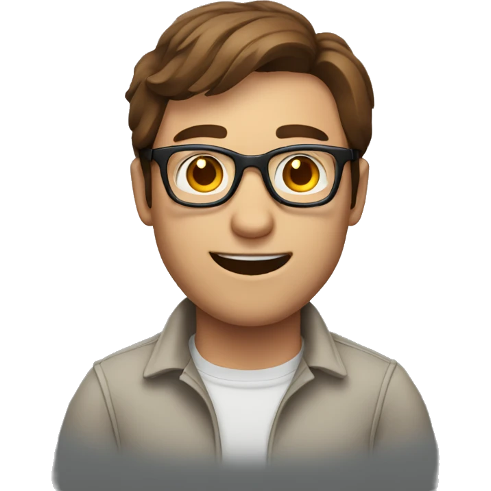 a man with brown hair and glasses waking up; he's smiling emoji