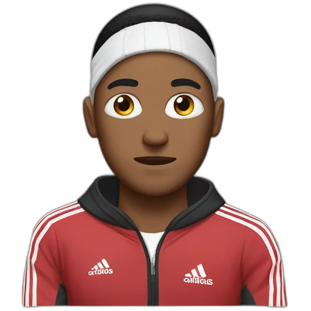 guy in an adidas tracksuit with a bandage on his ear and a black eye emoji