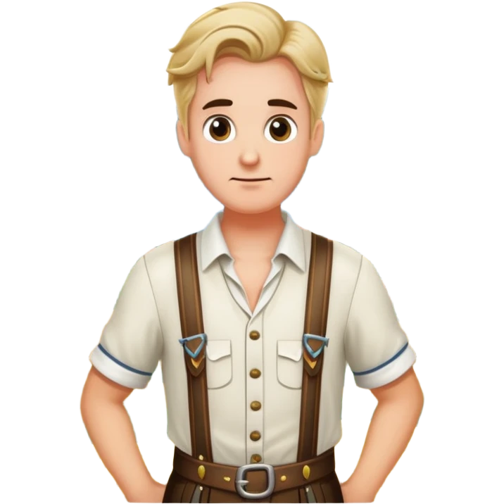 German person in Bavarian lederhosen shrugging with Sicily landscape in background emoji