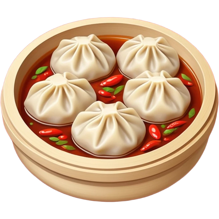 Chongqing Zhong Dumplings with red chili oil sauce, simplified emoji style with bold outlines and bright colors, cartoon style Sichuan spicy boiled dumplings emoji