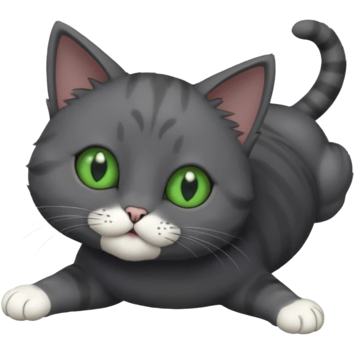 solid dark grey cat with green eyes, completely solid grey face, white toes/paws playing rolling upside down emoji