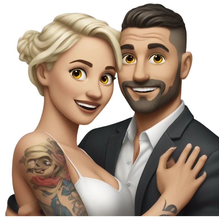 Hyper Realistic beautiful woman in the arms of a very handsome tattooed man dancing  emoji