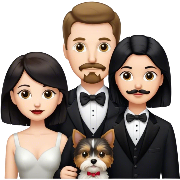 Couple, Tall white man with short brown hair mustache and goatee, small pale woman long with black hair, with yorkie dog and tuxedo cat emoji