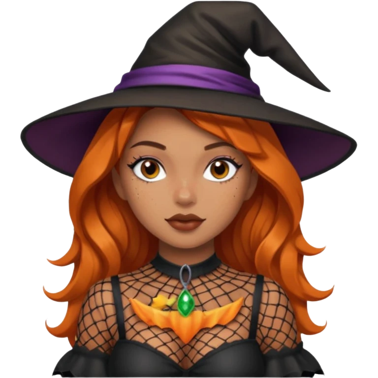 Pretty girl with caramel skin and freckles dressed as a sexy Witch with fishnet tights  emoji
