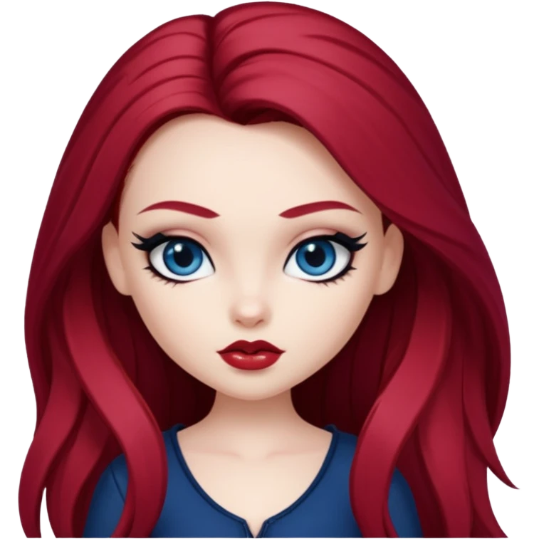pale skin, girly bratz baddie, beautiful dark blue eyes, sharp black eyeliner, long dark red hair emoji