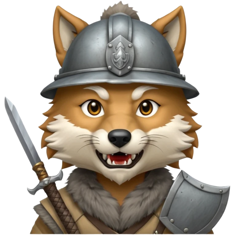 wolf face, mogolian ancient hold small sword front and steel helmet emoji