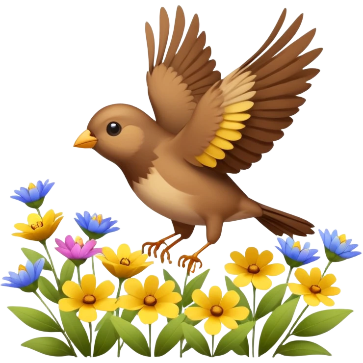 A tiny songbird fluttering its wings above wildflowers. emoji