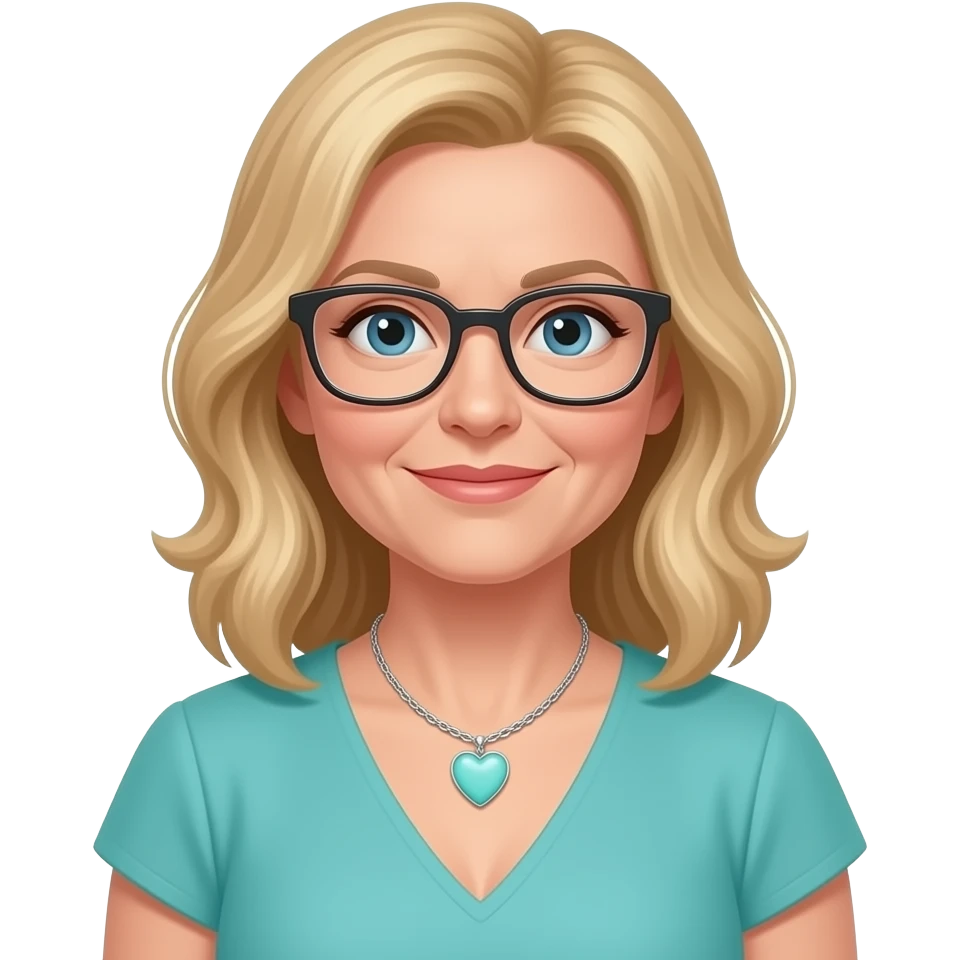 AJM - woman, mid 40's age, strawberry blonde hair, rectangular glasses, shoulder length wavy hair, tiffany heart necklace,  blue eyes, teal dress, emoji