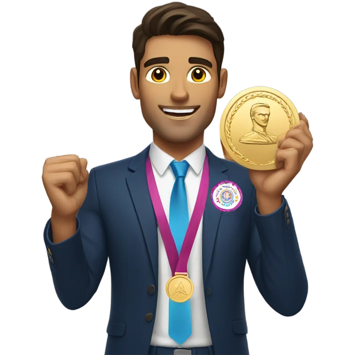 Handsome brunette man triumphantly holding a Olympic gold medal emoji