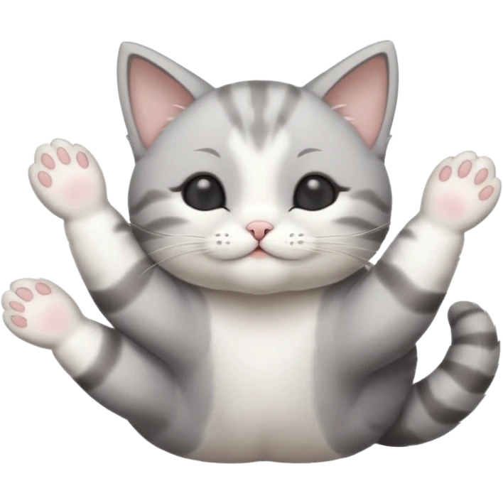 grey and white small cat with eyes closed lying down upside down with paws stretched out straight in different directions emoji