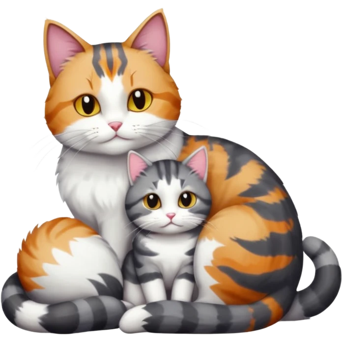 full body colourful light patched calico + white tabby cat cuddling a bigger cat that is dark grey and white tabby cat  emoji