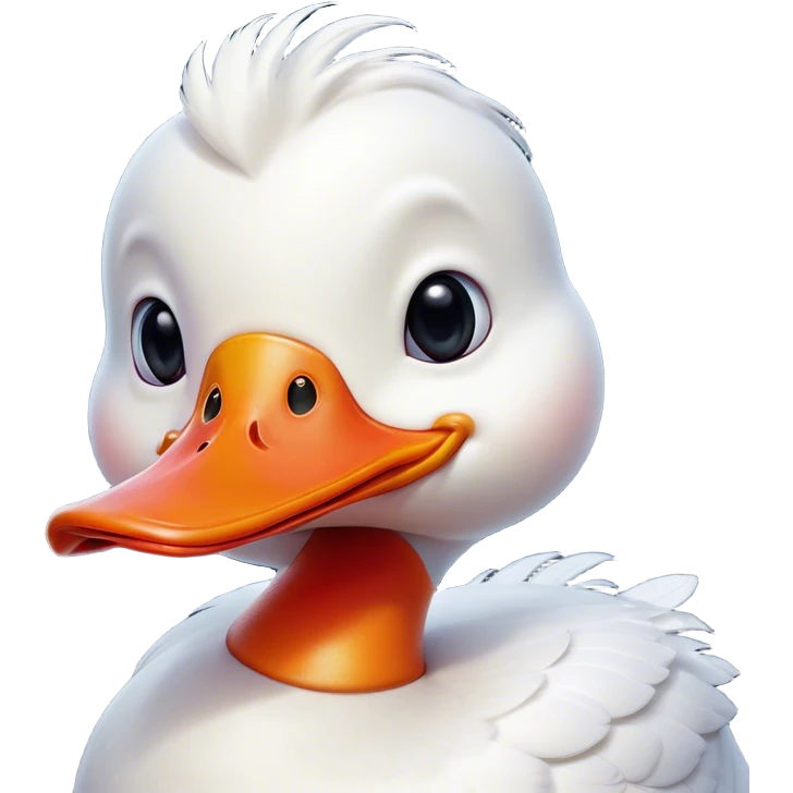 Cinematic Comical White Duck Portrait Emoji, Head tilted dramatically with an exaggeratedly amused expression, featuring a striking, glossy white plumage with a quirky red bill, wide, expressive eyes filled with playful disbelief, Simplified yet hilariously expressive features, highly detailed, glowing with a slightly sassy glow, high shine, dramatic yet playful, stylized with an air of cheeky mischief, bright and endearing, soft glowing outline, capturing the essence of a spirited and over-the-top duck, so meme-worthy it feels like it could quack its way into internet fame instantly! emoji