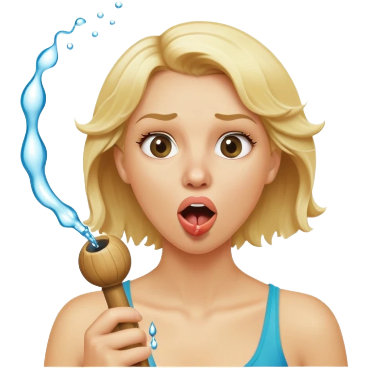 blond woman biting a wide stick with a round knob, both the same color as her skin, the knob has visible skin texture, water jet shooting from the knob into her mouth, surprised look emoji