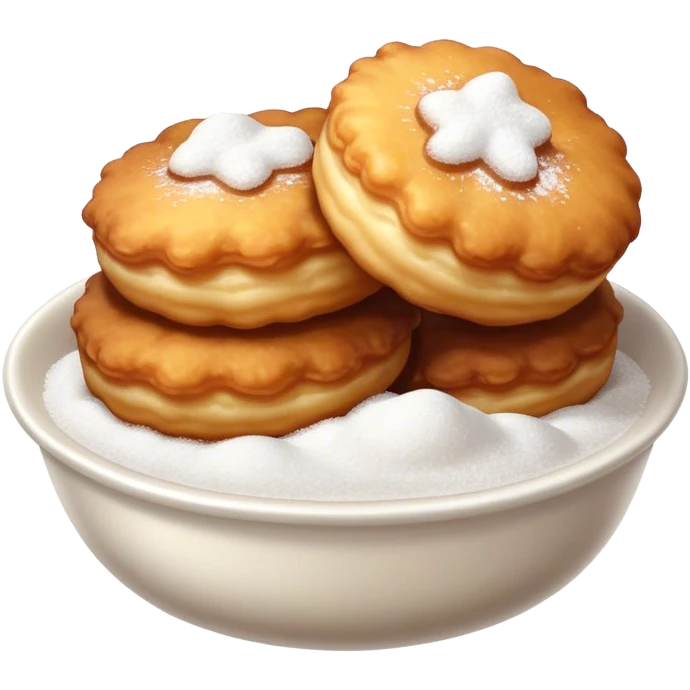 Buñuelo Cinematic Realistic Buñuelo Dessert Emoji, depicted as perfectly round, fluffy fritters served in a small bowl with a dusting of powdered sugar, rendered with vibrant textures and warm, inviting lighting. emoji