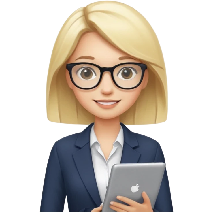 A cute blonde girl emoji in cartoon style as a professional presentation designer. She wears stylish glasses, a modern outfit like a chic blazer or turtleneck, and holds a digital tablet or stylus. She has a confident smile. emoji