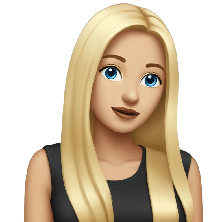 beautiful woman, long straight blonde hair, blue eyes, black t shirt emoji