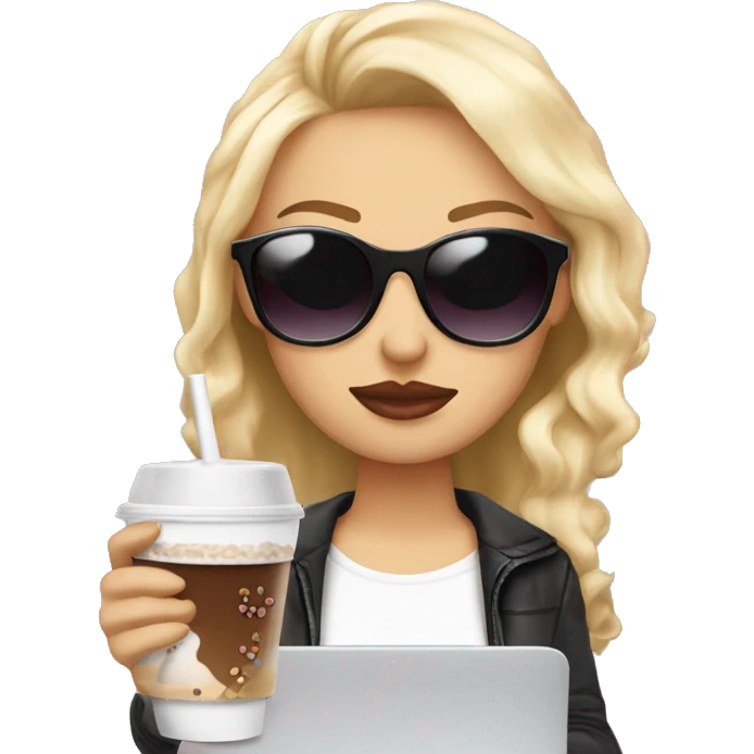 blonde girl+laptop+coffee+sunglasses+lipstick+bubble-tea emoji