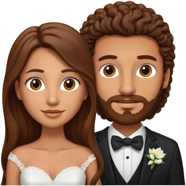 wedding couple woman with long straight brown hair and eyes man with long brown curly hair and facial hair emoji