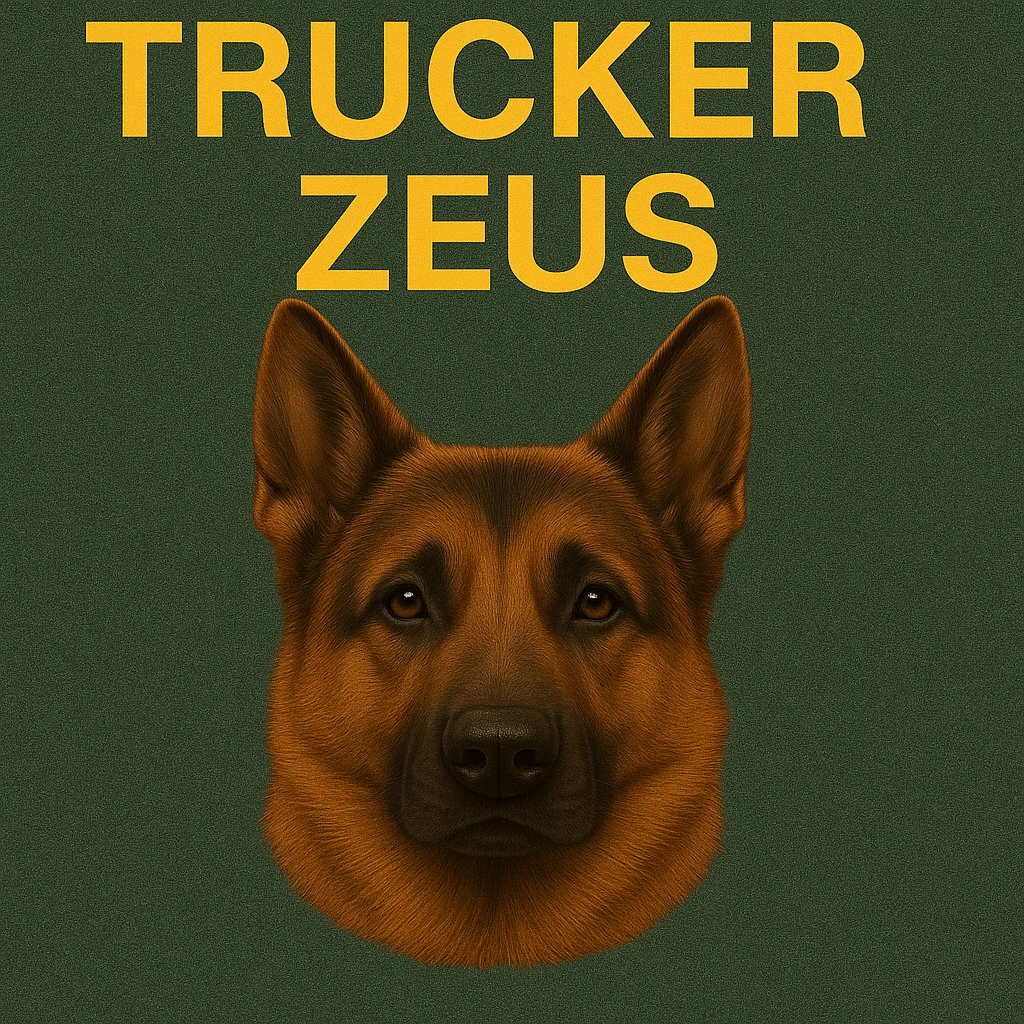 Further compress the image to reduce file size as much as possible while keeping transparency, realistic German Shepherd, and yellow 'Trucker Zeus' text. emoji