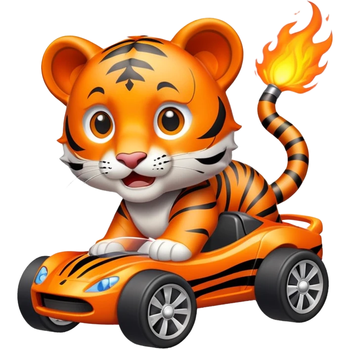 cute tiger holding toy hot wheel car with wheels on fire emoji