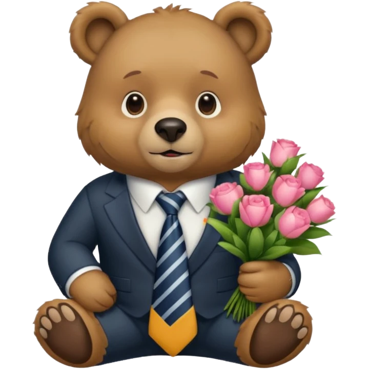 A bear sitting down wear a tie and holding a 💐 emoji