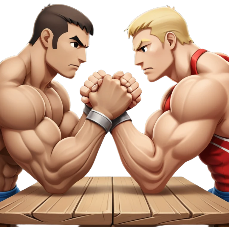 Two powerful arms locked in an intense arm wrestling competition. One arm is strong and steady, while the other strains to push back. The background shows a simple table with a focus on the clash of strength and determination. Transparent background. emoji