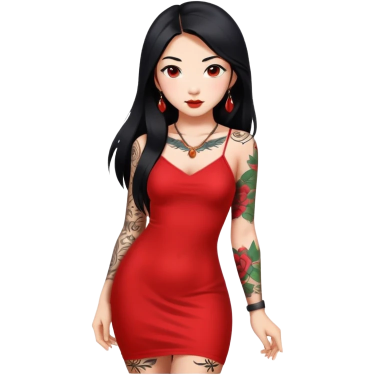 Beautiful Asian girl with long black hair and body tattoos wearing a red dress emoji