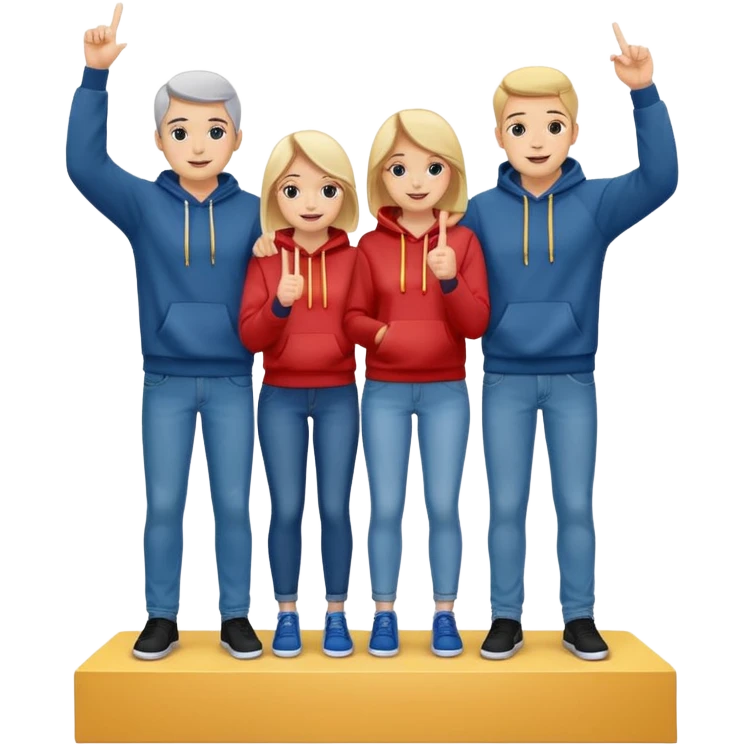 three people in jeans and hoodies on a winners podium with no numbers, middle step higher, center person holds up one finger on each hand, bright cheerful expressive emoji illustration emoji