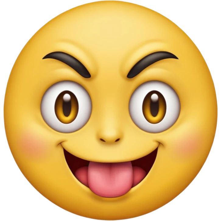 A yellow round face emoji smirking with its tounge out but the eyes are evil and kind of crazy and only one of the eyebrows is raised higher than the other eyebrow emoji