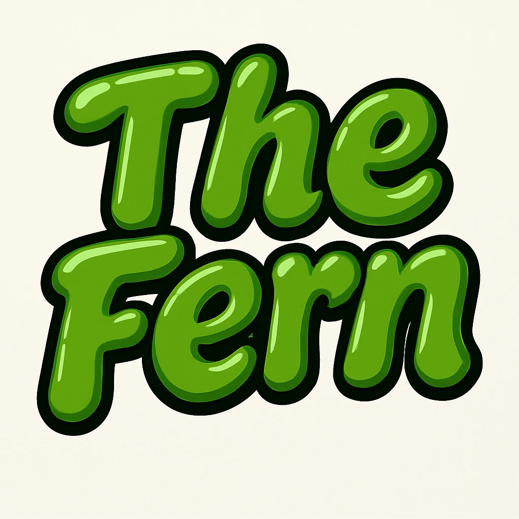 Add a black outline to the green bubble letters that say 'The Fern', keeping the rounded and glossy, energetic and lively style of the letters. emoji