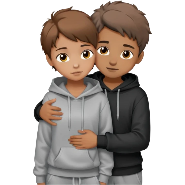 A boy with light brown skin and short messy brown hair  is hugging a girl with light brown skin and short hair.They are both wearing a black hoodie and grey sweatpants emoji