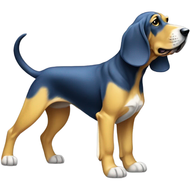 A Blue and yellow bloodhound dog standing on all fours, with a white flag attached to its tail. emoji