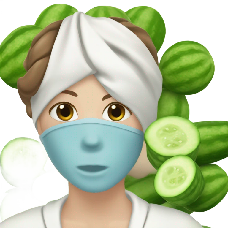 White girl with Brown hair and blue eyes wears a Green colored clay mask and puts on cucumbers around her eyes while She relaxes in her white Robe emoji