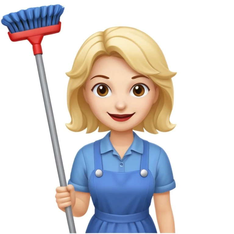 evil cleaning lady, sinister smile, holding a mop, simple background emoji