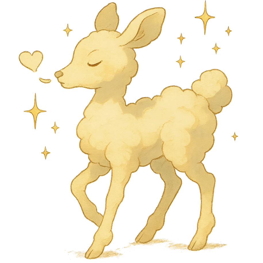 whimsical cream yellow cloud doe in Ghibli style, blowing a kiss, surrounded by sparkles emoji