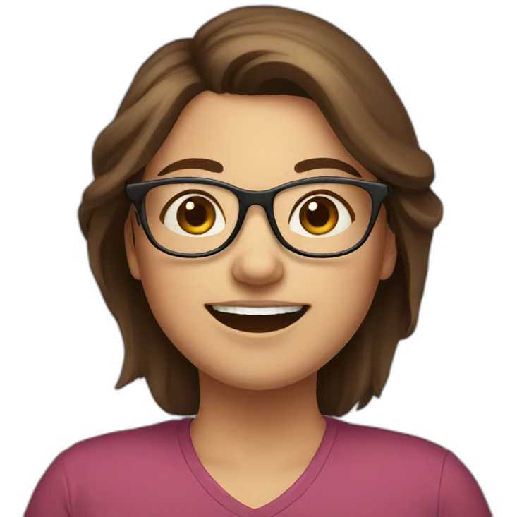 a brown hair woman with glasses and a smile, little chubby, with rosed cheeks emoji
