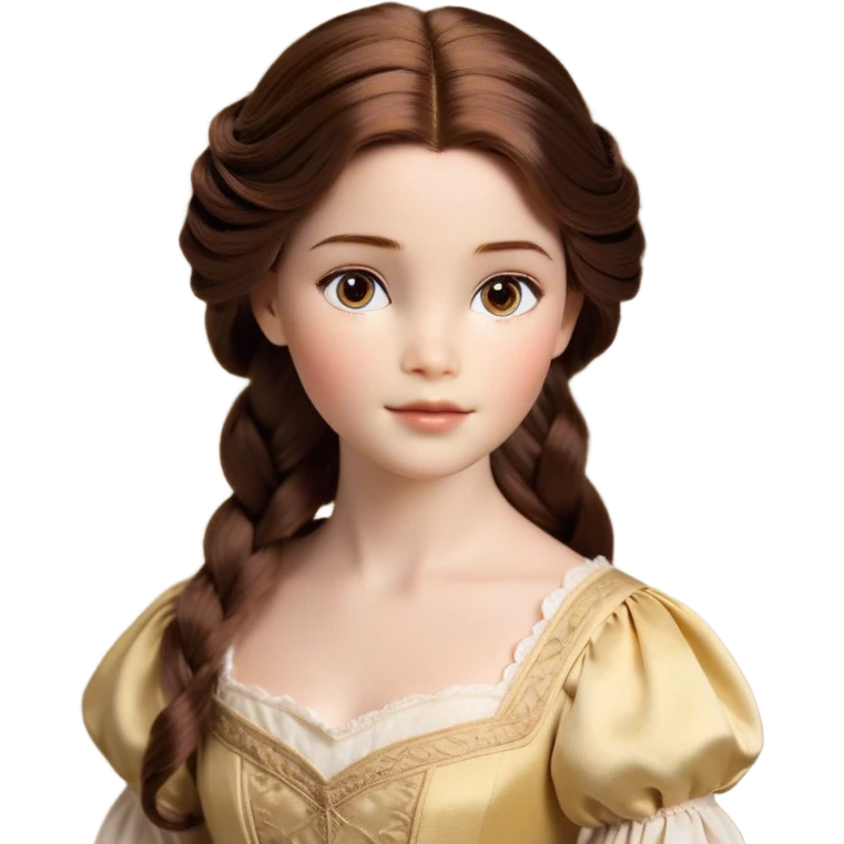 Cinematic Realistic Belle Portrait, depicted with lifelike skin texture, soft natural lighting, and intricately detailed brown hair styled elegantly. Her deep, expressive eyes exude warmth and intelligence, complemented by a serene and graceful expression. She is dressed in her classic attire, with rich fabric textures and delicate folds that catch the light beautifully. The portrait features a soft, enchanting glow with a natural, radiant finish, capturing the essence of timeless beauty in a realistic and painterly style, evoking a sense of depth and authenticity. emoji