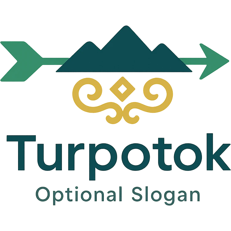 Modern minimalist logo for Turpotok with a stylized Kurai arrow, Ural Mountains silhouette, and subtle Bashkir ornamentation. Text 'Turpotok' in a modern sans-serif font with optional slogan. Color palette reflecting Bashkir culture and natural beauty emoji