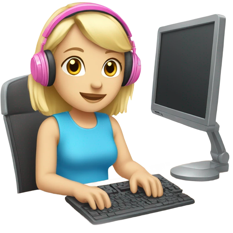 blonde hair blue eyed girl pink headphones and computer emoji