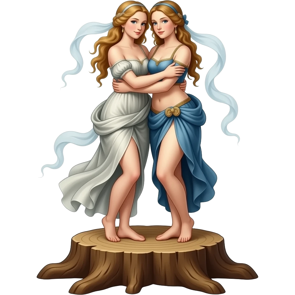 steampunk surreal - The ethereal, seductive Venuses of Lucas Cranach and Sandro Botticelli stand on a large stump, embracing emoji