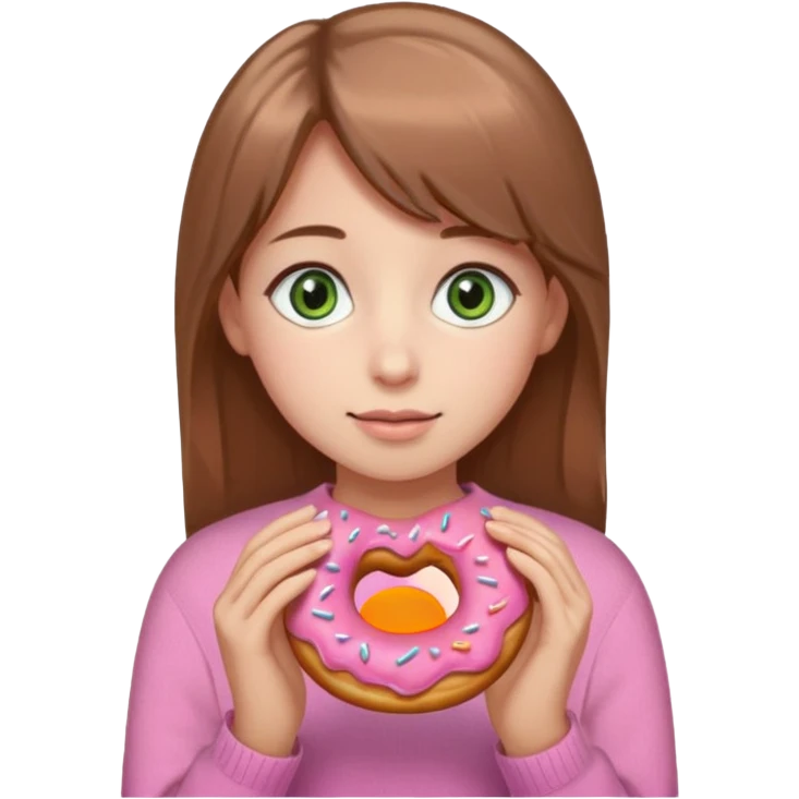Девушка с русыми волосами и коричне- зелёными глазами и в розовой кофте где нарисованы пончики emoji