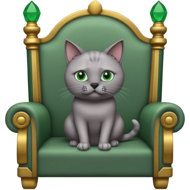 A gray cat with a black nose sitting on a throne looking at the world with disgust emoji