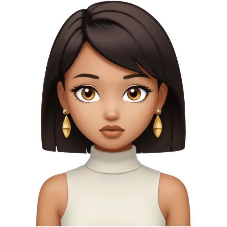 generate a pretty bratz girl in black cami top, dark brown straight short hair, eyeliner on. dark brown eyes. Wearing sleeveless white turtleneck, gold stud earrings emoji