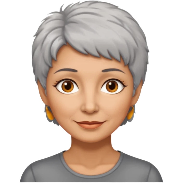 woman 50 years old, short grey fluffy hair, tannes skin and brown eyes emoji