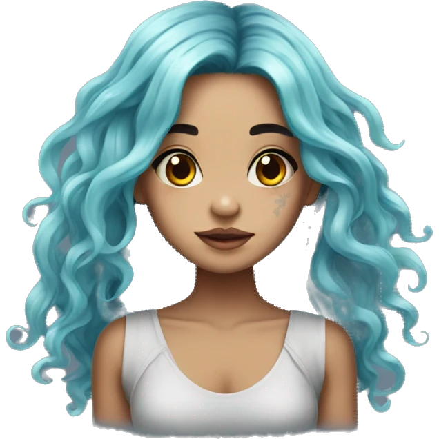 beautiful girl, with jellyfish tattoos, with long black hair, wavy hair, chinese, emoji