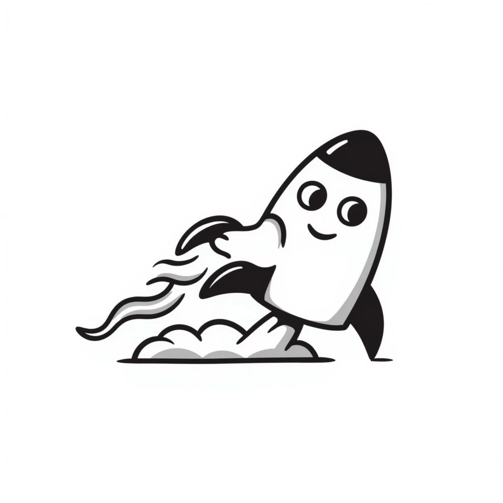 A hand-drawn toy rocket with a silly grinning face and flame trail emoji