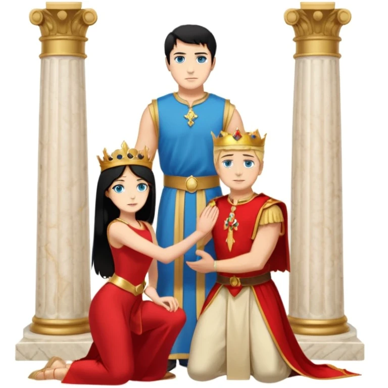 Man as king, black Hair, blue eyes, woman, blonde, green eyes, shott white sleveless Dress, kneeling, background palace emoji