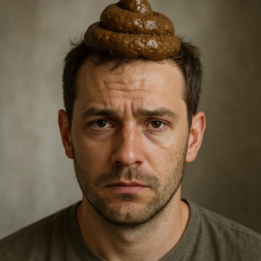 realistic illustration of a man with poop on his head, detailed facial features, natural lighting, no cartoon elements emoji