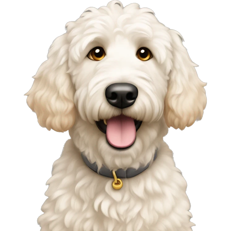 White golden doodle with apricot colored ears,  emoji